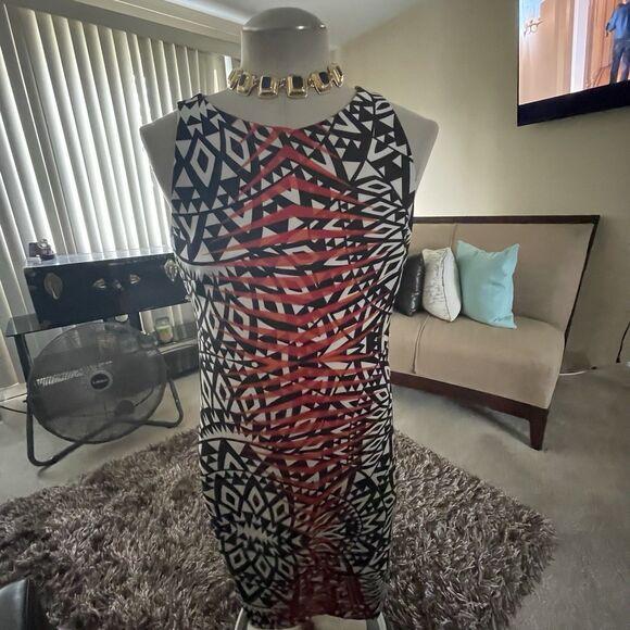 Frank Lyman BOLD Geometric Sheath Fitted Dress Black White Multi EUC Sz 12 Work - Picture 3 of 12